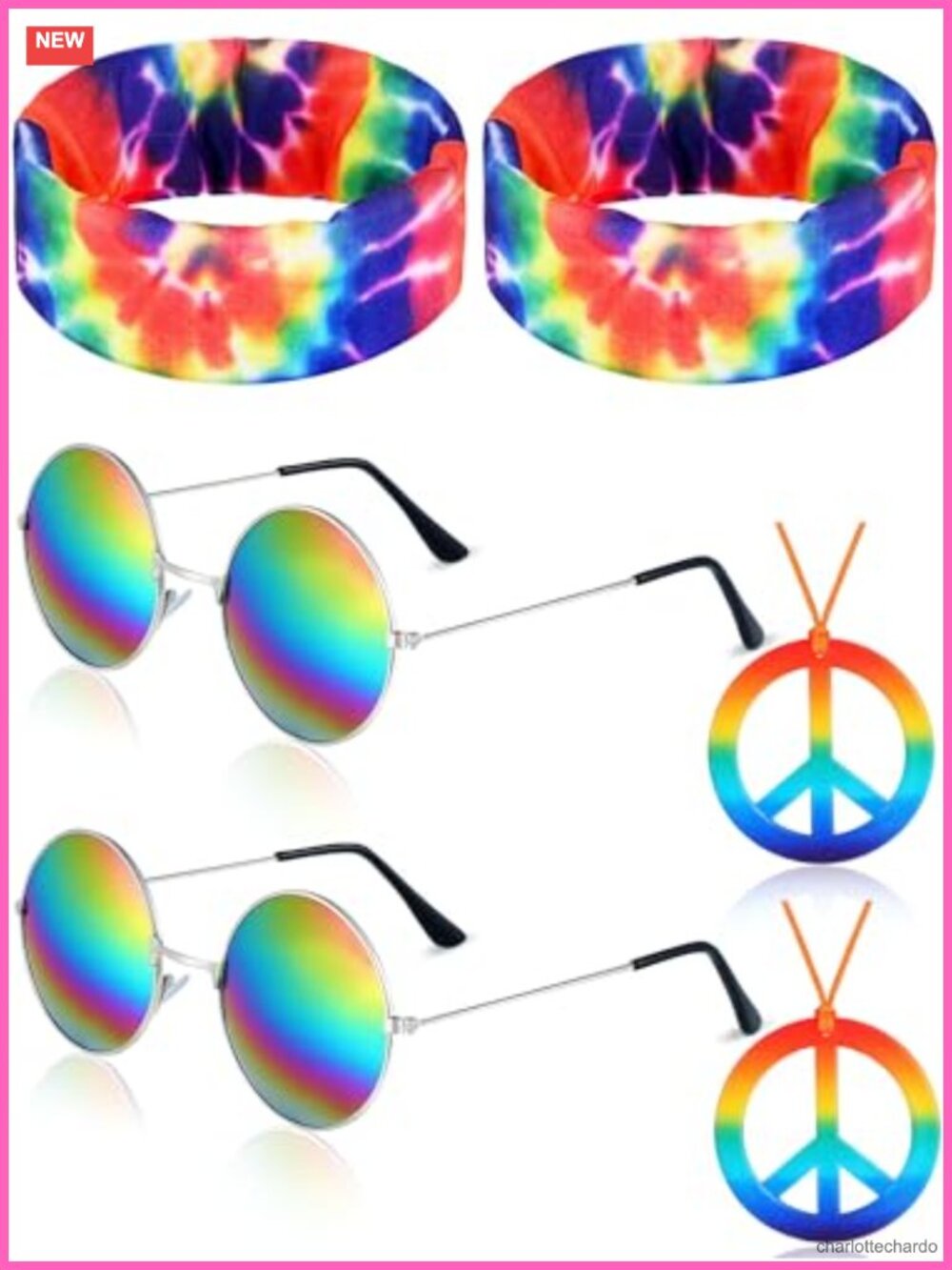 6 Pc Hippie Costume Accessory Set Tie Dye Headbands Peace Necklaces Sunglasses